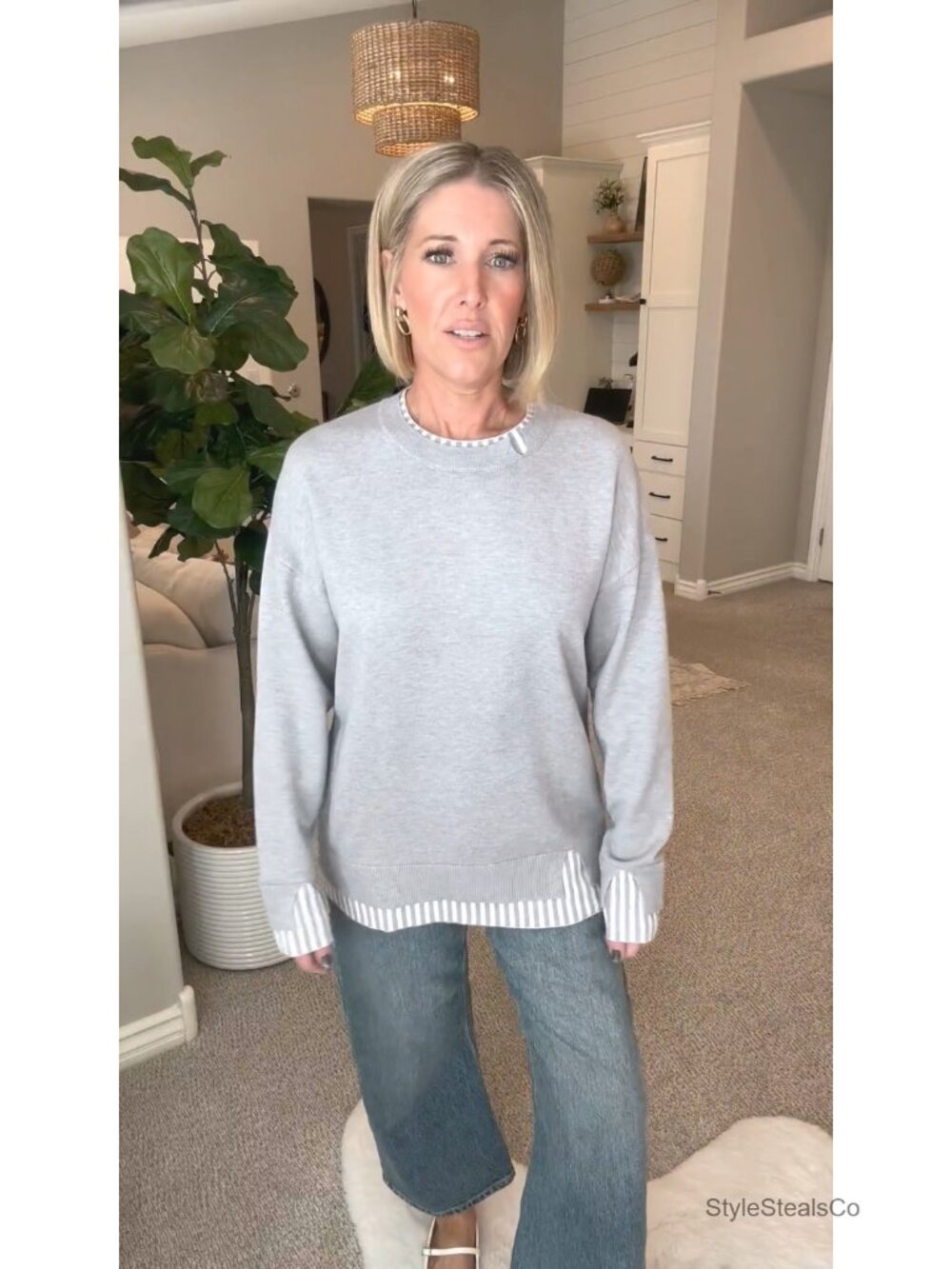 Women's Oversized Cut-Out Sweater Crew Neck Drop Shoulder Ribbed Knit - Picture 5 of 5